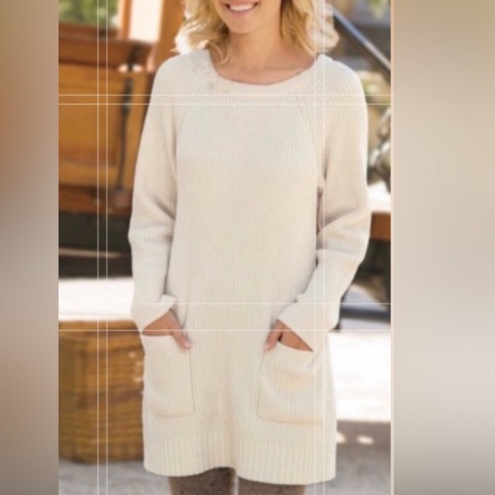 Soft‎ Surroundings Cream Chenille Knit Tunic Sweater Dress Pockets Size L 29652